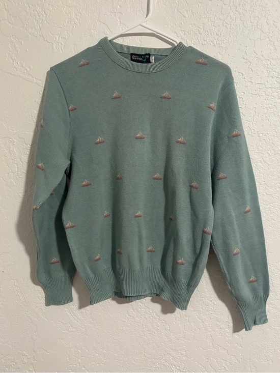 James River Traders Sweaters - Vintage 80s/90s Crewneck Sweater in Sage Green with Sailboat Motif